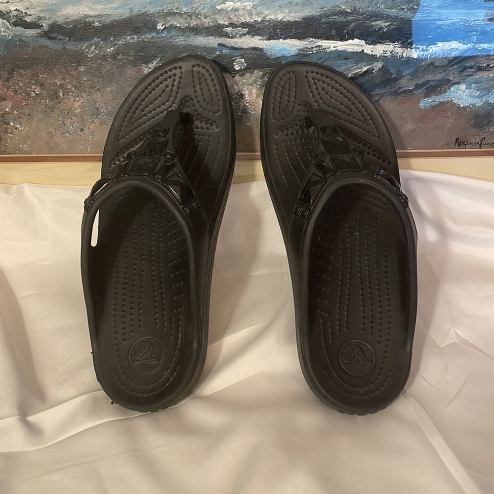 Black CROC Flip Flop Black Jeweled Slides, sz 9